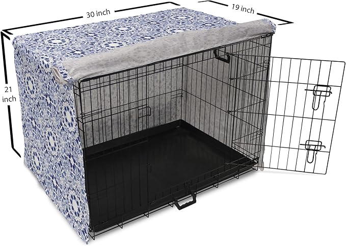 Lunarable Traditional Dog Crate Cover, Circular Flowers and Stripes Russian Gzhel Pattern Classic Motifs, Easy to Use Pet Kennel Cover for Cats & Medium Dogs, 30 Inch, Pale Blue