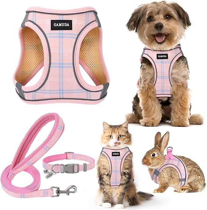 GAMUDA Small Dog Harness Collar and Leash Set, Step in No Chock No Pull Soft Mesh Adjustable Dog Vest Harnesses Plaid Reflective for Dogs Puppy Cats Kitten Rabbit (Pink, M)