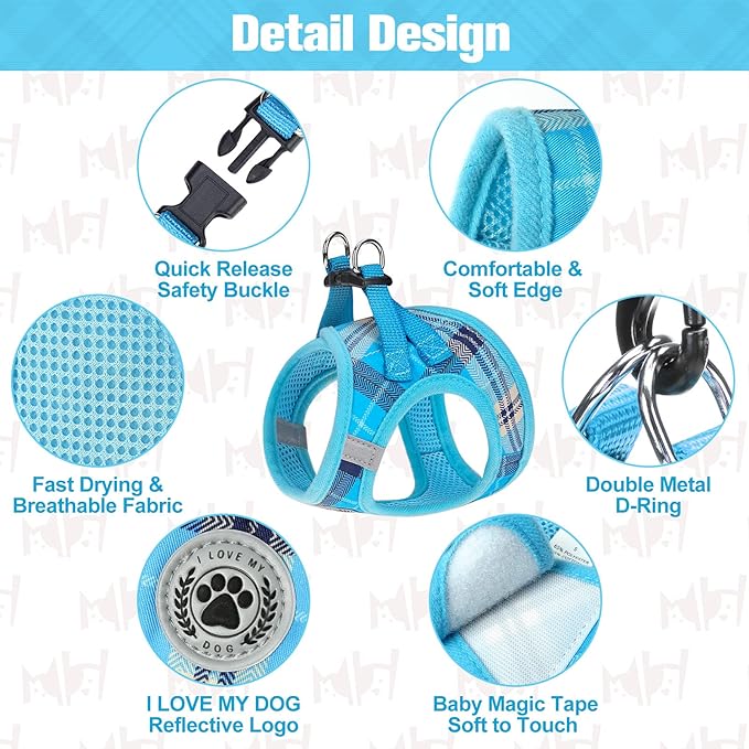 BEAUTYZOO Small Dog Harness and Leash Set,Step in No Chock No Pull Soft Mesh Dog Harnesses Reflective for Extra-Small/Small Medium Puppy Dogs and Cats, Plaid Dog Vest Harness for XS S Pets, Blue XXS
