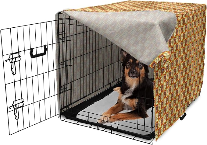 Lunarable Thanksgiving Dog Crate Cover, Checkered Pattern with Funny Cartoon Gobbler and Fallen Autumn Leaves, Easy to Use Pet Kennel Cover for Medium Large Dogs, 36 Inch, Red Yellow Brown