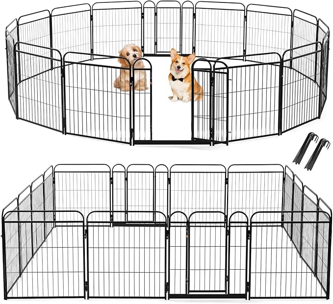 Dog Fence Outdoor for Yard - 16 Panels 24" Dog Pen Portable Ground Anchors for Outdoor RV Camping, Playpens Safety Design Without Stakes for Indoor Use, Threshold Free Door Ease to Access