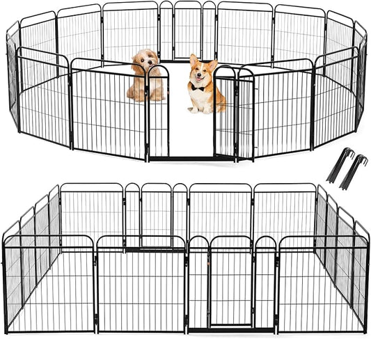 Dog Fence Outdoor for Yard - 16 Panels 24" Dog Pen Portable Ground Anchors for Outdoor RV Camping, Playpens Safety Design Without Stakes for Indoor Use, Threshold Free Door Ease to Access