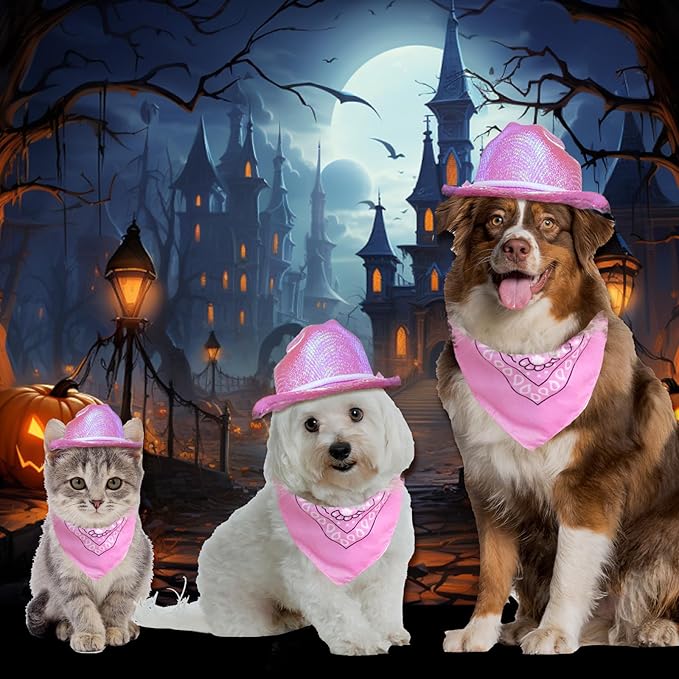 Pet Cowboy Costume Set Neon Sparkly Glitter Space Dog Cat Cowboy Hat Cap Bandana Scarf for Puppy Kitten Halloween Western Cosplay Party (Pink, Medium)