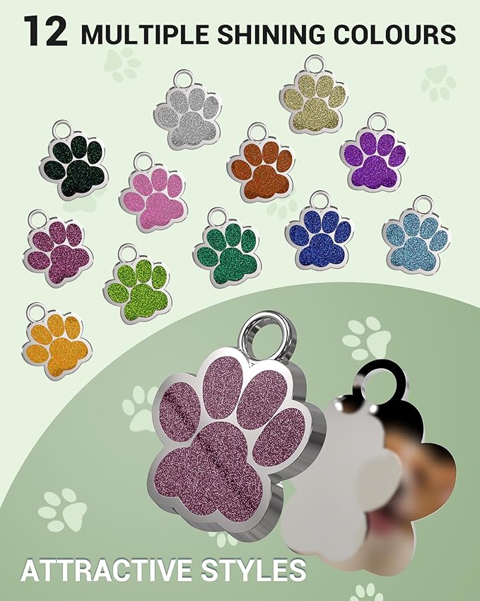 72 Pcs Dog Tags Personalized for Pets Glitter Paw Print Stainless Steel Dog Tag Cute Dog Name Tag Bulk Dog Tags Cat Tags for Wholesale （12 Colors）