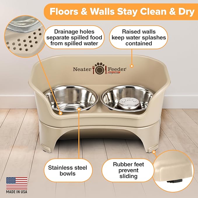 Neater Feeder - Express Model w/ Slow Feed Bowl - Mess-Proof Dog Bowls (M/L, Almond) Made in USA – Elevated, No Spill, Non-Tip, Non-Slip, Raised Stainless Steel Food/Water Pet Bowls Aid Digestion
