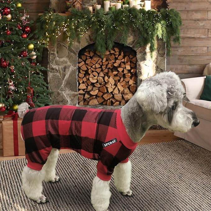 XPUDAC 4 Pack Dog Pajamas for Small Dogs Cats Plaid Doggie Clothes Puppy Onesies Christmas Pajamas Jumpsuits Pet Pjs Shirt Apparel X-Small, Red Green Khaki Grey