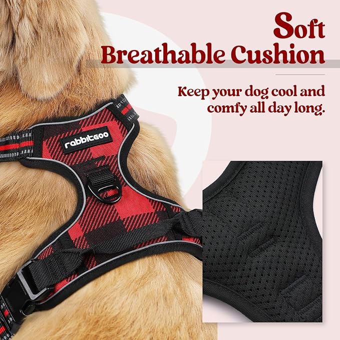 rabbitgoo Dog Harness Small Sized Dog No Pull, Comfortable Padded Plaid Dog Harness with Handle Easy Control, Adjustable Reflective Puppy Pet Harness Vest with 2 Leash Clips, Red Plaid, S