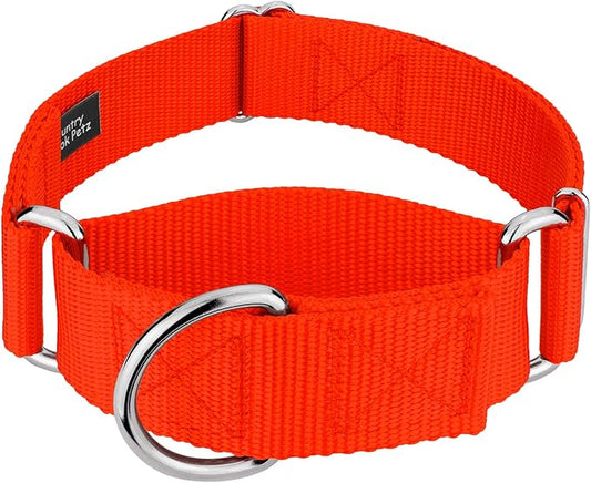 Country Brook Petz 1 1/2 Inch Martingale Heavy Duty Nylon Adjustable Dog Collar for Small, Medium, Large Breeds - Vibrant 17 Color Selection (Hot Orange, Extra Large)