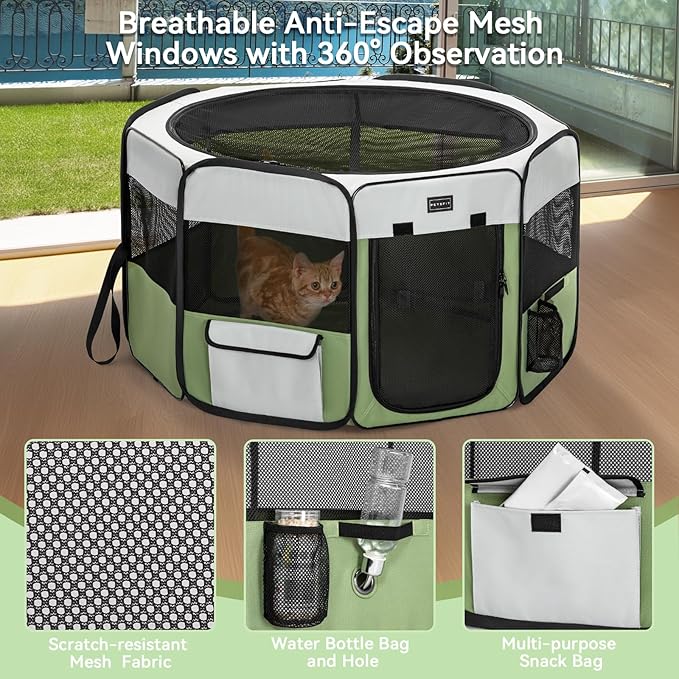 PETSFIT Dog Play Pen,36" Dia Dog Playpen Indoor/Outdoor, Pet Playpen for Cats Puppies&Small Animals-Removable Zipper Mesh Top Cover& Leakproof Bottom(36"x36"x21"H)