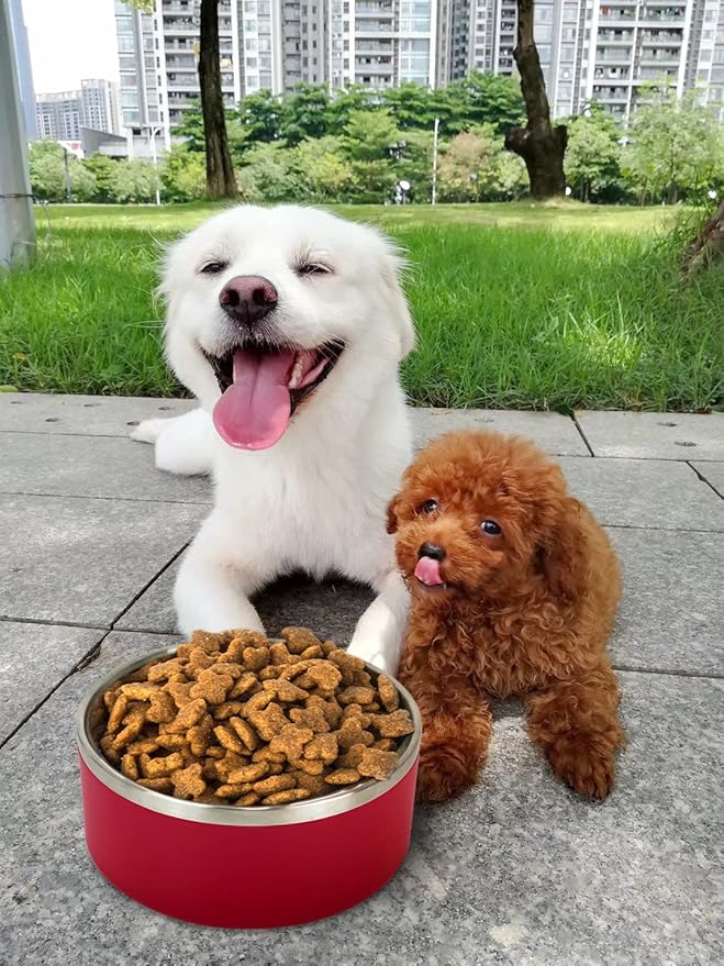 IKITCHEN Dog Bowl for Food and Water, 64 Oz Stainless Steel Pet Feeding Bowl, Durable Non-Skid Double Wall Insulated Heavy Duty with Rubber Bottom for Medium Large Dogs (64 Ounces/8 Cup, Red)