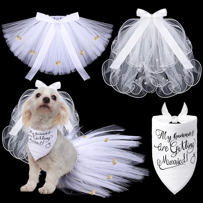 JaGely 3 Packs Dog Bride Costume, Veil with Clip, Dog Bandana and Skirt, Soft Comfortable Pet Wedding Party Dress Bride Apparel for Medium Pet