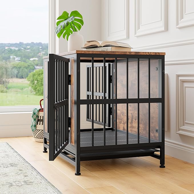 Ball & Cast 27.48" Wooden Dog Kennel with 2 Sliding Doors,Decorative Pet Crate Furniture with Pull-Out Tray,Thick Iron Frame Indoor Dog Cage for Small Dogs,Easy Assembly,Rustic Brown