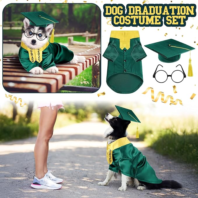 5 Pcs Dog Graduation Costume Set Include 2025 Pet Graduation Gown with Stole Puppy Grad Cap Lensless Glasses DIY Letter Stickers for Dogs Cats Holiday Costume Accessory(Green Yellow,L)