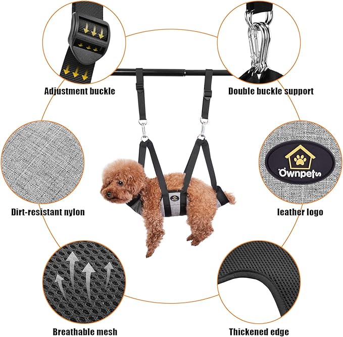 Ownpets Pet Grooming Hammock, Dog Grooming Hammock with Carabiners, Breathable Pet Grooming Harness Sling for Grooming, Hair Nail Trimming Cutting & More, S