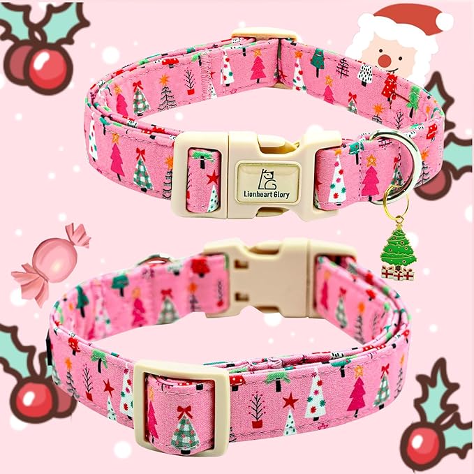 Lionheart glory Christmas Dog Collar, Pink Christmas Tree Dogs Collar Adjustable Soft Comfortable Collars for Small Dogs Girl or Boy Pet Gift Fall Cute Collar