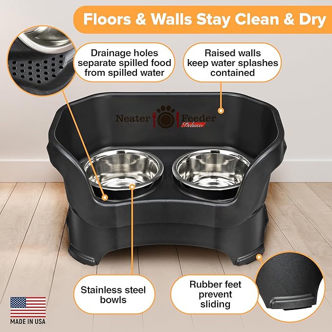 Neater Feeder Deluxe Mess Proof Dog Bowls Elevated Medium Sized Dog Breed – Made in USA – No Spill Raised Dog Food Bowl Stand – Stainless Steel Food and Water Bowl Set, Pet Feeding Station, Black
