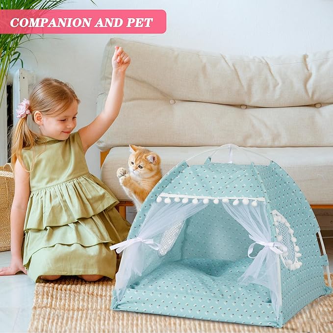 Gigreinc Cat Princess Indoor Tent House Pet Dog Cute Flower Cave Nest Bed Kitten Tent Suitable for Samll Dogs (M:38x38x36cm/15x15x14inch, Flower Green)