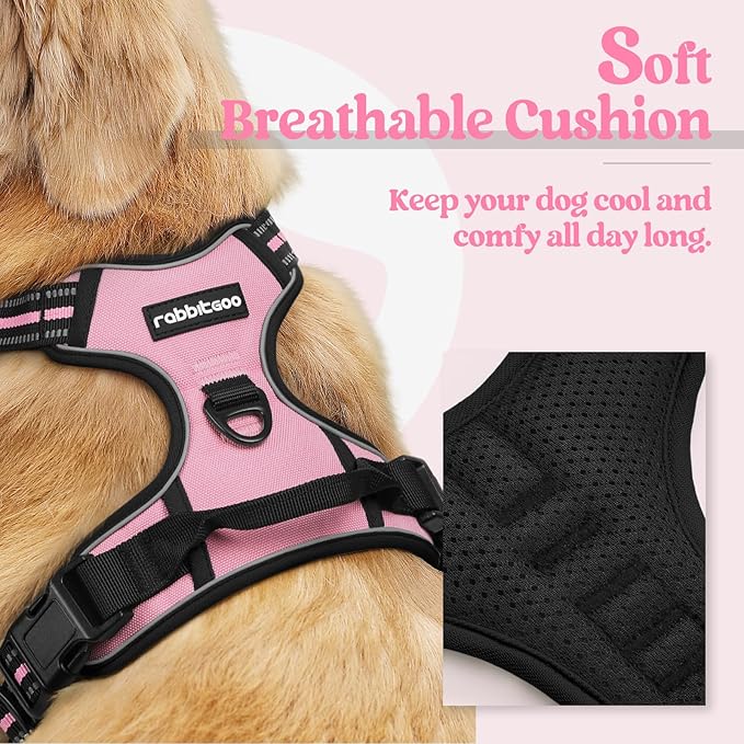rabbitgoo No-Pull Pet Harness with 2 Leash Clips, Adjustable Soft Padded, Reflective No-Choke Pet Oxford Vest with Easy Control Handle for Large Dogs, Pink, L