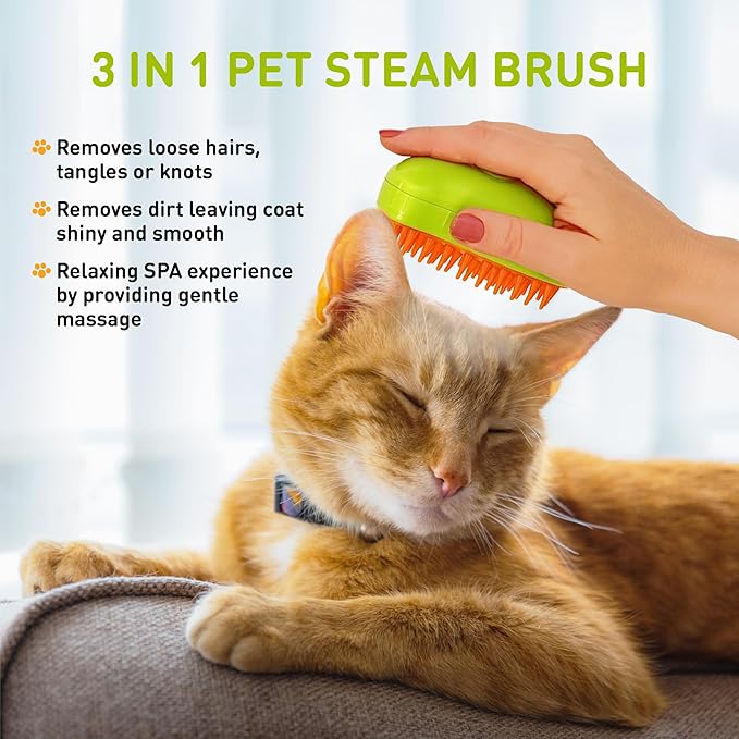 Cat Steam Brush 3 in 1 for Shedding Massage & Dirt Removes Loose Tangled & Static Fur | Short & Long Haired Pet | Misting Water Grooming Comb w Soft Bristles | Self Cleaning Dog Spray & Steamy Brush