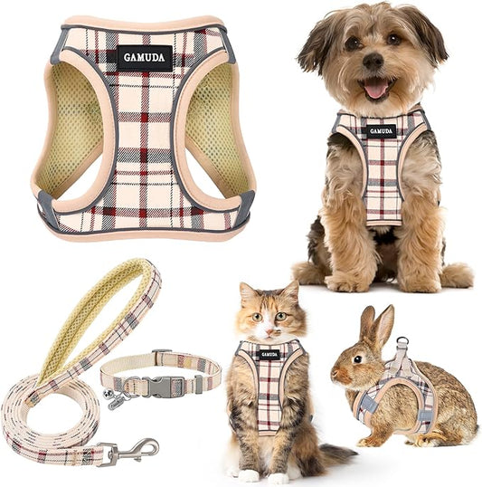 GAMUDA Small Dog Harness Collar and Leash Set, Step in No Chock No Pull Soft Mesh Adjustable Dog Vest Harnesses Plaid Reflective for Dogs Puppy Cats Kitten Rabbit (Beige, XXS)