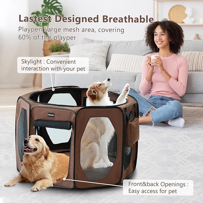 Dog Playpen, Cat Dog Crate Portable Pet Exercise Cage Kennel House Puppy Playpen Animal Playpen Indoor/Outdoor, Water-Resistant Kennel Tent with Traveling Bag (Brown, Medium)
