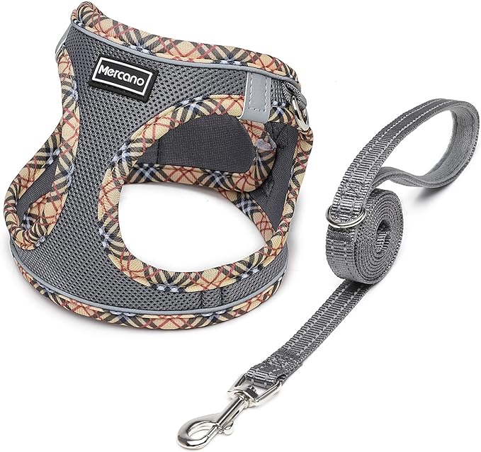 Mercano Soft Mesh Dog Harness and Leash Set, No-Chock Step-in Reflective Breathable Lightweight Easy Walk Escape Proof Vest Harnesses with Safety Buckle for Small Medium Dogs, Cats (Grey, XL)