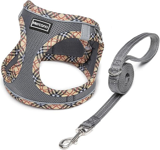 Mercano Soft Mesh Dog Harness and Leash Set, No-Chock Step-in Reflective Breathable Lightweight Easy Walk Escape Proof Vest Harnesses with Safety Buckle for Small Medium Dogs, Cats (Grey, M)