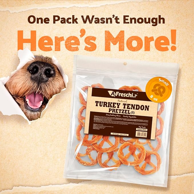 Afreschi Natural Turkey Tendon Pretzel (S) 8oz, Turkey Sourced from USA, All Natural Puppy Chew, Hypoallergenic, Rawhide Alternative, for Small Breeds