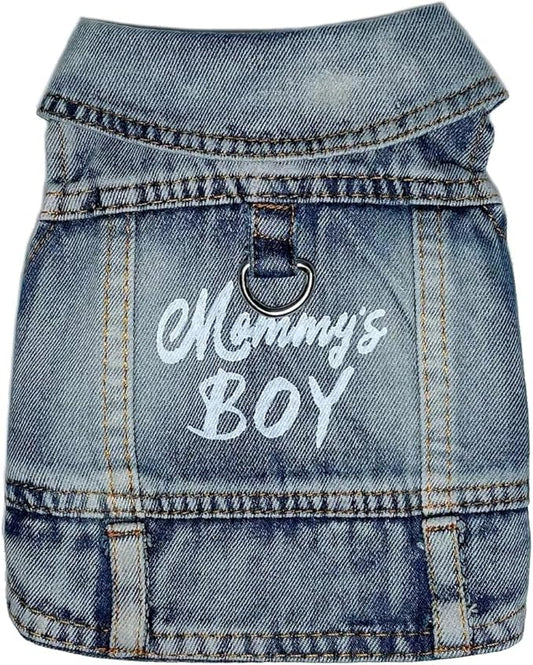 Dog Jeans Jacket Mommy's Boy Denim,Breathable Cotton Blue Pet Coat for Puppy Small Dogs Classic Overalls Male Cat Costumes Apparel Washed Vest Clothes Outfit T-Shirts（Medium）