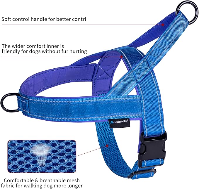 Annchwool No Pull Dog Harness with Soft Padded Handle,Reflective Strip Escape Proof and Quick Fit to Adjust Dog Harness,Easy for Training Walking for Small & Medium and Large Dog(Blue,L)