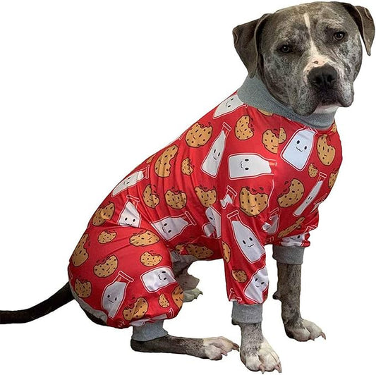 Tooth & Honey Pitbull Dog Pajamas – Red Milk & Cookie Print Onesie for Medium Dogs – Lightweight Full Coverage Dog Clothes for Shedding, Recovery & Warmth – Pullover Pajamas (Medium)