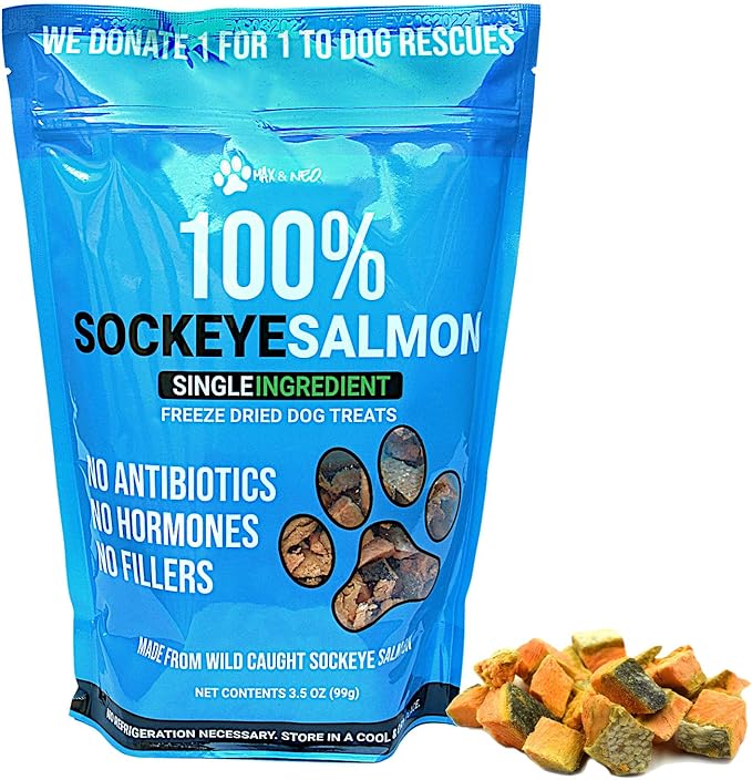 Max and Neo Freeze Dried Wild Caught Sockeye Salmon Dog Treats - Single Ingredient, Wild Caught Pacific Northwest Sockeye Salmon, Human Grade - We Donate 1 for 1 to Dog Rescues for Every Product Sold