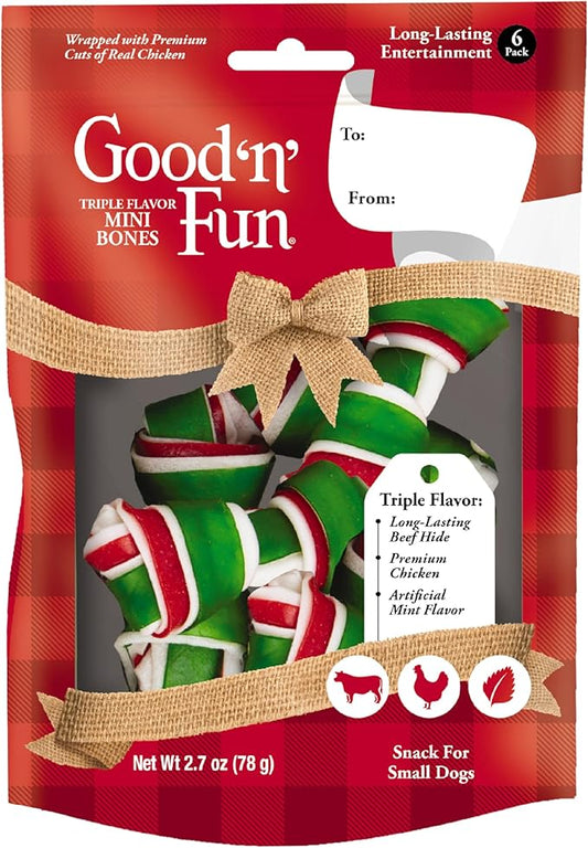 Good 'n' Fun Triple Flavor Mini Bones Chews for Dogs, 6 Count, Treat Your Small Dog to Holiday Chews Made with Real Beef Hide, Chicken and Artificial Mint Flavor
