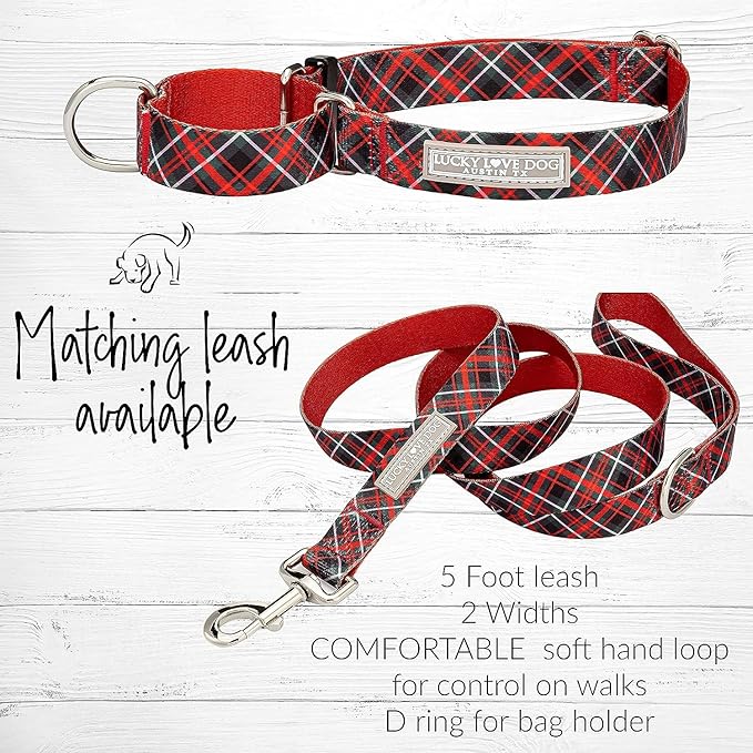 Lucky Love Dog, Evergreen No Slip Dog Collar and Leash Set, Vivid Berry Plaid Martingale Dog Collar for Boy and Girl Dogs - (Large, Heywood Martingale - Combo)