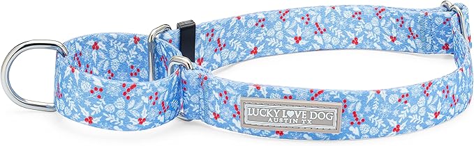 Lucky Love Dog Winter Themed Martingale Collar, Premium No Slip Collar, Snowflake Christmas Martingale Collar for Small Dogs - (Winterblue No Slip, S)