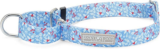 Lucky Love Dog Winter Themed Martingale Collar, Premium No Slip Collar, Snowflake Christmas Martingale Collar for Small Dogs - (Winterblue No Slip, S)