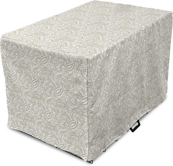 Lunarable Traditional Dog Crate Cover, Orient Paisleys Swirled Leaves Oriental Culture Inspirations Print, Easy to Use Pet Kennel Cover for Medium Large Dogs, 42 Inch, Warm Taupe and White