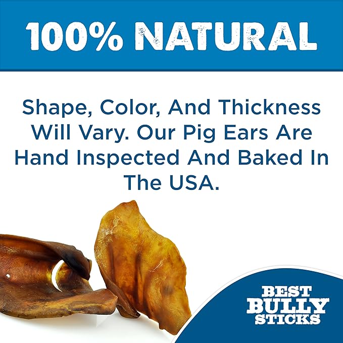 Best Bully Sticks All Natural USA Baked & Packed Pig Ears for Dogs - Single Ingredient Easily digestible 100% Pork Dog Chew Treats - Great for Puppies, Small, Medium, and Large Dogs - 25 Pack