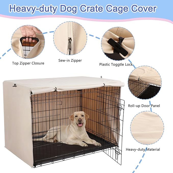 Deblue Heavy-Duty Dog Crate Cover, Privacy Pet Kennel Cover Universal Fits for 54 Inches Wire Cage, Polyester Crate Cover Fit for 1 2 3 Doors Crate (Tan)