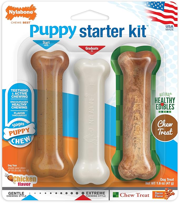Nylabone Teething Puppy Chew Starter Kit, Two Puppy Chew Toys and Puppy Chew Treat, Puppy Supplies, Chicken & Bacon Flavor, Small/Regular (3 Count)