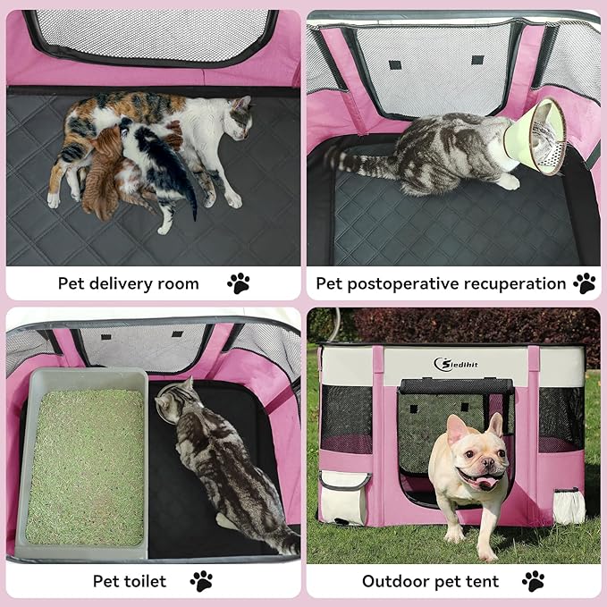 Dog Cat Playpen28/31/35in, Pet Puppy Portable Playpens for Outdoor Travel Crate, Indoor After Surgery Use, Foldable Dog Kennel Tent for Rabbit or Small Animals and Tent Stakes (Pink, Small)