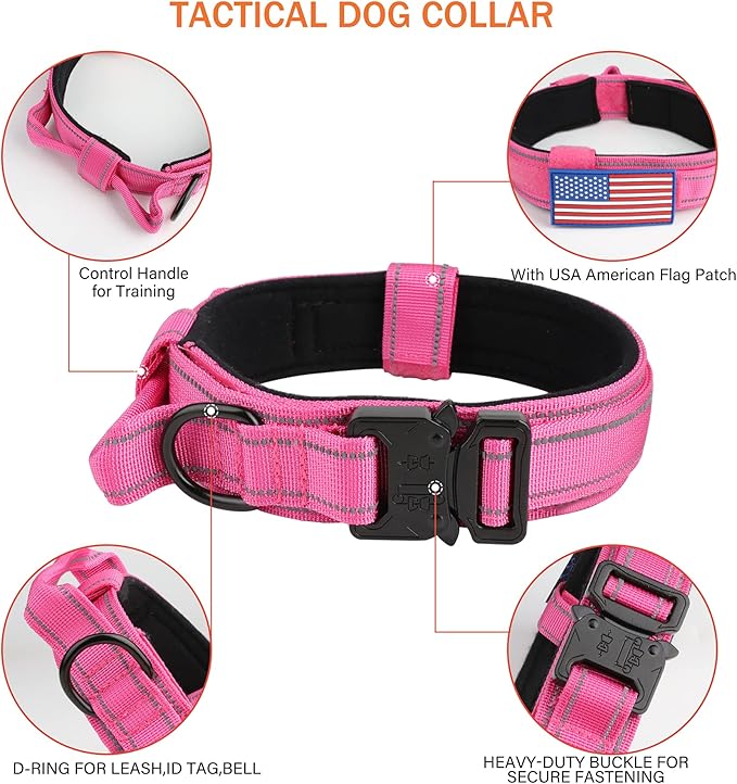 KCUCOP Tactical Dog Collar, Heavy Duty Dog Collar with Handle and Metal Buckle, Military Thick Dog Collars for Medium and Large Dogs(Pink-L-Reflective, 1 Patch)