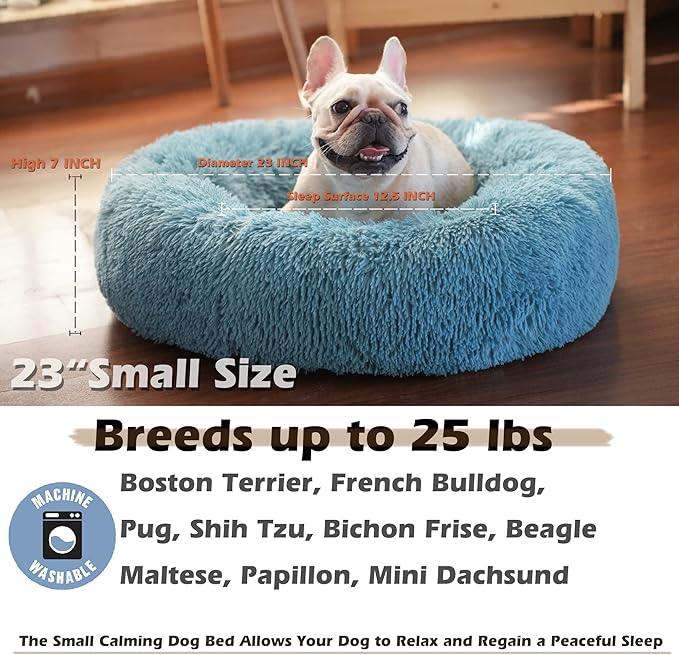 Blue Dog Bed for Small Dogs Fluffy Anti-Anxiety Dog Bed, Calming Dog Bed for Small Dogs Washble Snuggle Safe and Soft Puppy Bed for Small Dogs,Round Donut Machine Washable Small Pet Bed.