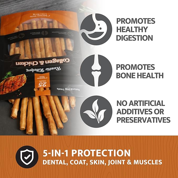 Chicken Collagen Sticks for Dogs, Dog Chews Long Lasting, Rawhide Free, 25 Count (Real Chicken), Bully Sticks for Large, Medium, and Small Dogs