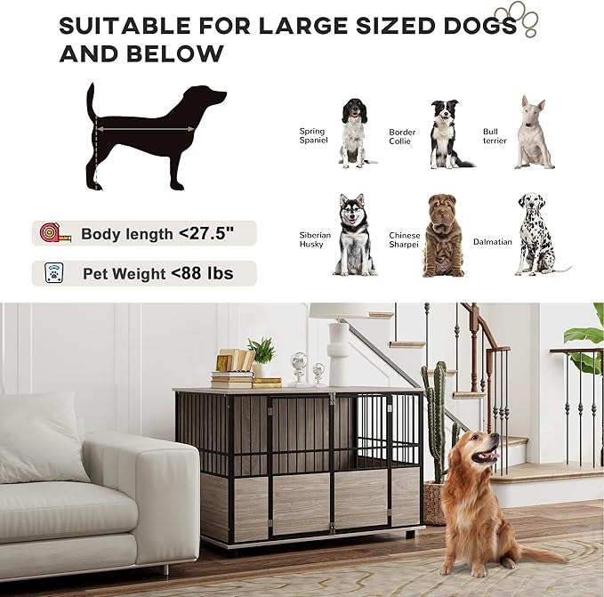 PawHut 46" Dog Crate Furniture End Table, Wooden Dog Kennel Indoor Pet House with 3 Doors, for Small to Large Dogs