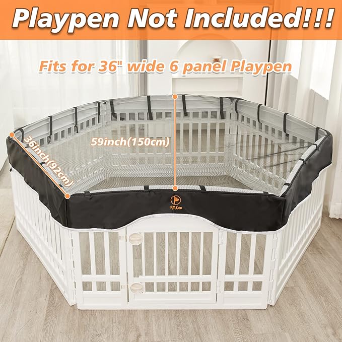 PJYuCien Dog Playpen Mesh Top Cover, Fits 36 Inch 6 Panels Regular Hexagonal Plastic Exercise Pet Pen, Telescopic Buckles Connections, Black (Note: Cover Only, Fence Not Included)
