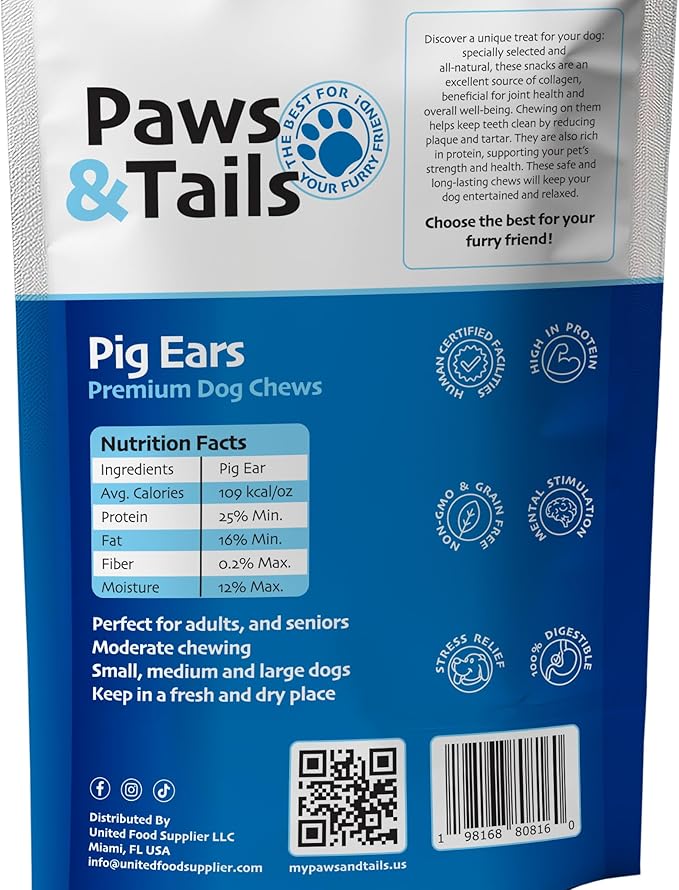PAWS&TAILS Premium All-Natural Pig Ears for Dogs - Joint Health Support, Thick-Cut - High-Protein, Low-Fat Treats for Dental Hygiene - No Additives or Preservatives. (24, Natural Whole Pig Ears)