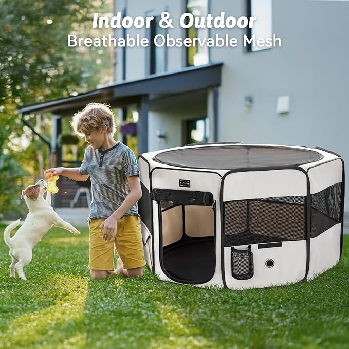 PETSFIT Dog Playpen Indoor/Outdoor,Portable Pet Playpen with Removable Zipper Top,Waterproof Bottom, Foldable Puppy Pen for Cats, Large Breeds (45.5”L x 45.5”W x 28.5”H)