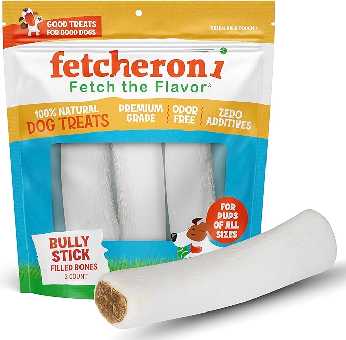 Bully Stick Stuffed Dog Bones - 5-6 Inch Long Dog Treats - Natural Stuffed Dental Dog Bone Treats for Dogs - 3 Pack