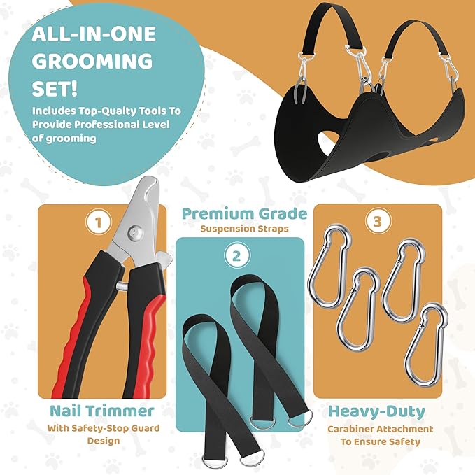 Dog Grooming Hammock – Sturdy & Safe Dog Hammock for Grooming with Durable Carabiner Clips & Straps – Soft, Comforting Dog Grooming Harness – Pet Grooming Hammock + Nail Trimmer for Large Dogs